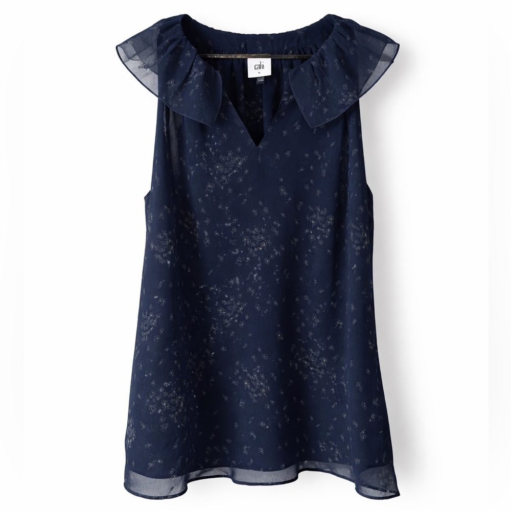 CABI Navy Floral Halter Top Ruffle Neck Double Layer Chiffon Medium